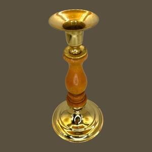 Vintage Brass & Turned Wood Candlestick – Mid-Century Elegance